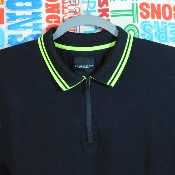 Denim & Flower Quarter Zip Polo Shirt Size L Black Neon Green Ricky Singh - Picture 4 of 4